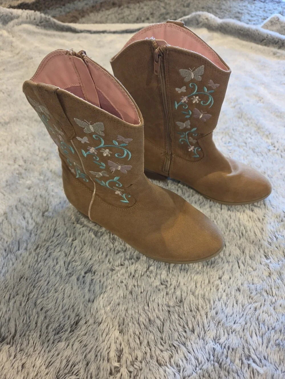 Girls Magellan Tan Suede Embroidered Western Boots with Floral Butterflies